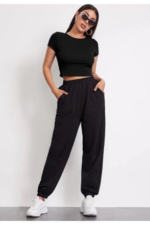 Kadın Siyah Yuvarlak Yaka Yarım Kol Crop Top Bluz