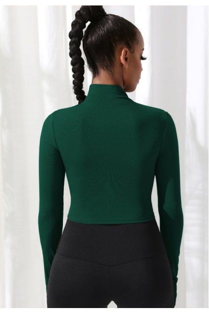 Kadın Yeşil Uzun Kol Fermuarlı Parmak Geçme Detaylı Dik Yaka Crop Top Bluz