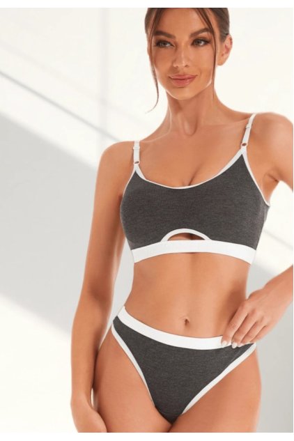 Kadın Gri Antrasit Kaşkorse ve Beyaz Lastikli Cut-Out Tanga Külotlu Takım