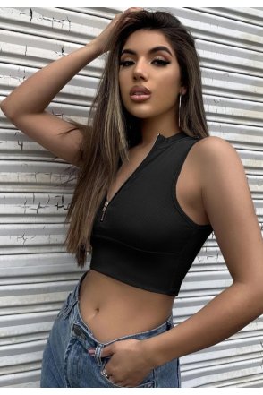 Kadın Siyah Yarım Fermuarlı Sıfır Kol Crop Top Bluz