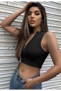 Kadın Siyah Yarım Fermuarlı Sıfır Kol Crop Top Bluz