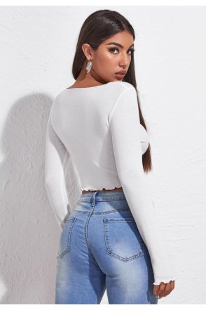 Kadın Beyaz Uzun Kollu Büzdürme Bağcık Detaylı Crop Top Bluz