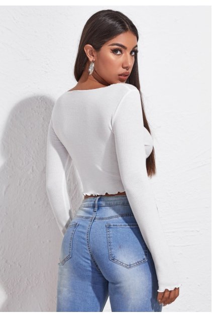 Kadın Beyaz Uzun Kollu Büzdürme Bağcık Detaylı Crop Top Bluz