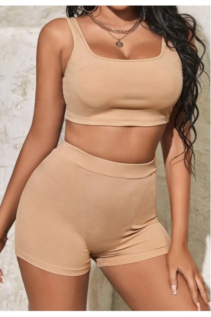 Kadın Krem Rengi Şortlu Crop Top Gecelik Takım
