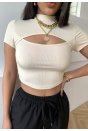 Kadın Ekru Göğüs Dekolteli Yarım Kollu Cut Out Crop Top Bluz