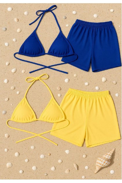 Kadın Sarı ve Mavi Şortlu Belden ve Boyundan Bağlamalı Bikini Takımı