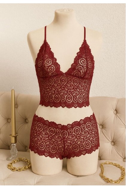 Kadın Bordo Dantel Bralet Şort Takımı – Asil ve Sofistike İç Giyim