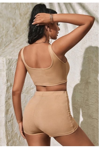Kadın Krem Rengi Şortlu Crop Top Gecelik Takım
