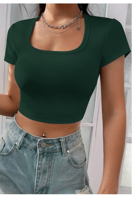 Kadın Yeşil Yarım Kol Düz Yaka Crop Top Bluz