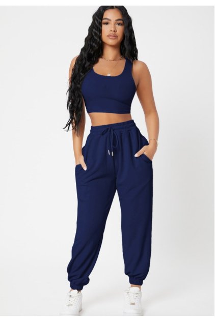 Kadın Lacivert Kaşkorse Cepli Jogger Eşofman Altı ve Crop Top Bluz