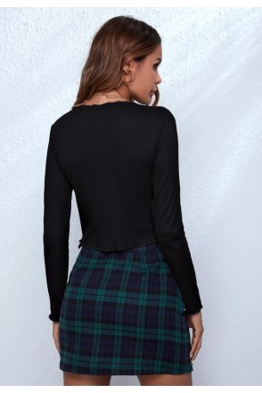 Kadın Siyah Uzun Kollu Önden Bağlama Detaylı Crop Top Bluz
