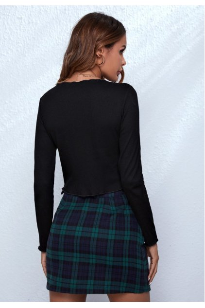 Kadın Siyah Uzun Kollu Önden Bağlama Detaylı Crop Top Bluz