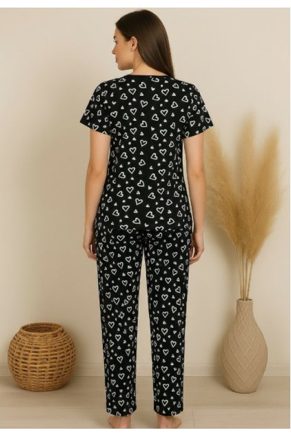 Kadın Siyah Kalp Desenli Fiyonklu Kısa Kollu Uzun Pijama Takımı