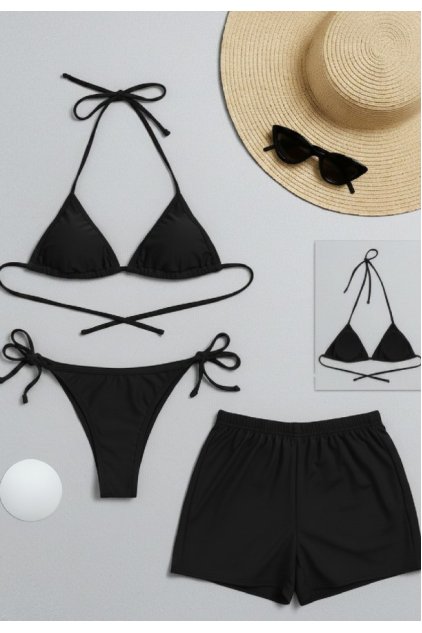 Kadın 3'lü Set Siyah Şortlu ve Yandan Bağlamalı Bikini Mayo Takımı