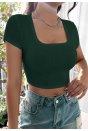 Kadın Yeşil Yarım Kol Düz Yaka Crop Top Bluz