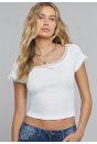 Kadın Beyaz Göğsü ve Kolları Dantelli Fiyonklu Kısa Kol Crop Top Bluz