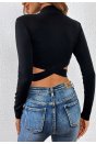 Kadın Siyah Çapraz Bel Detaylı Dik Yaka Uzun Kol Crop Top Bluz