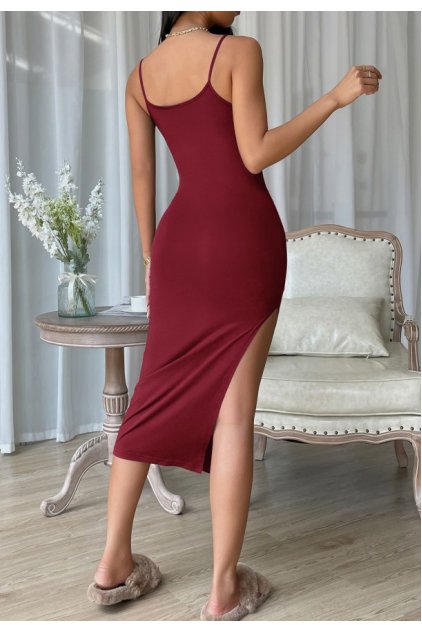 Kadın Bordo Yırtmaçlı Diz Altı Vücüdu Saran Gecelik