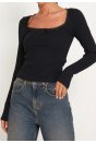 Kadın Siyah Kare Yaka Dantelli Uzun Kollu Crop Top Bluz