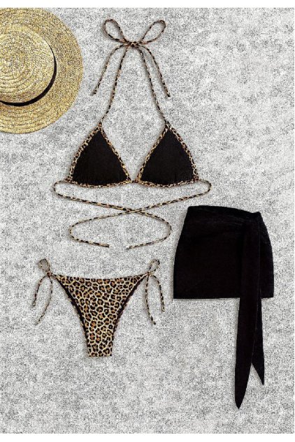 Kadın Siyah ve Leopar Desenli Pareolu 3'lü Bikini Takımı