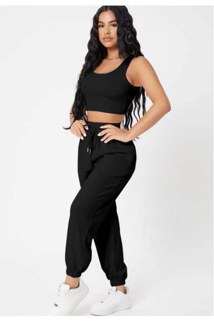 Kadın Siyah Kaşkorse Cepli Jogger Eşofman Altı ve Crop Top Bluz