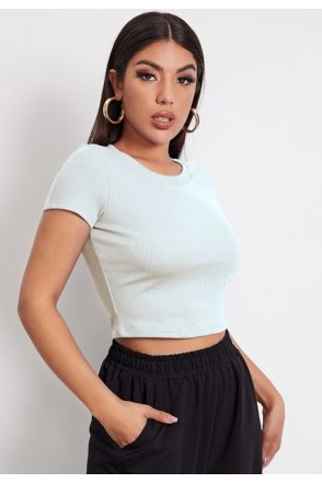 Kadın Beyaz Yuvarlak Yaka Yarım Kol Crop Top Bluz