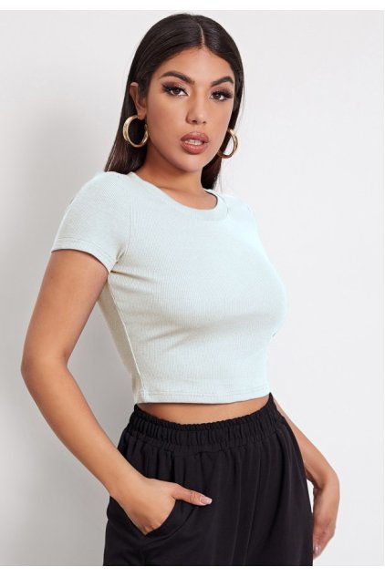 Kadın Beyaz Yuvarlak Yaka Yarım Kol Crop Top Bluz