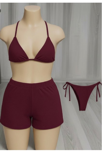 Kadın 3'lü Set Bordo Şortlu ve Yandan Bağlamalı Bikini Mayo Takımı