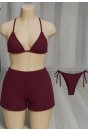Kadın 3'lü Set Bordo Şortlu ve Yandan Bağlamalı Bikini Mayo Takımı