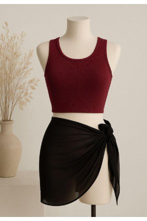 Kadın Bordo Yuvarlak Yaka Crop ve Siyah Pareo 2'li Set