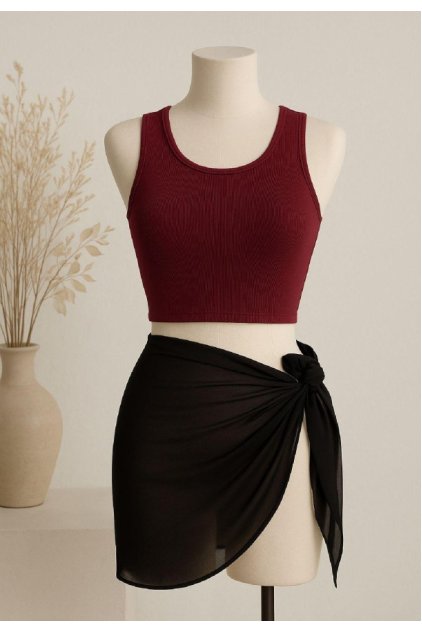 Kadın Bordo Yuvarlak Yaka Crop ve Siyah Pareo 2'li Set