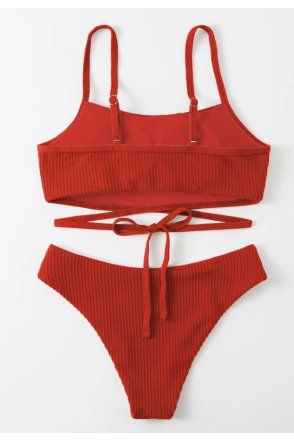 Kadın Kırmızı Çapraz Bağlama Detaylı Yüksek Bel Bikini Takımı