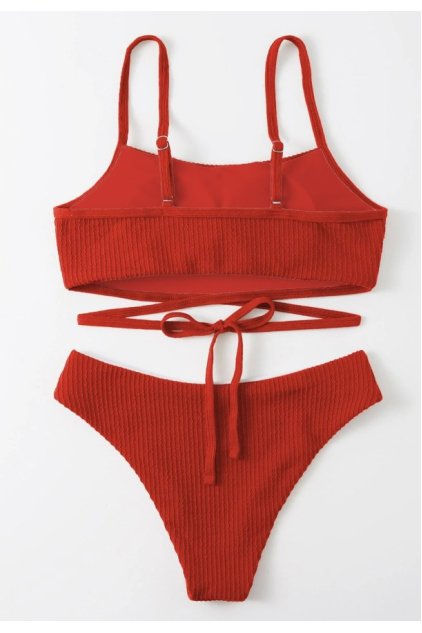 Kadın Kırmızı Çapraz Bağlama Detaylı Yüksek Bel Bikini Takımı