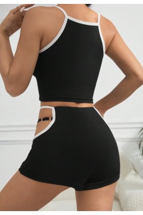Kadın Siyah Beyaz Şortlu Cut-Out Detaylı Gecelik Takımı