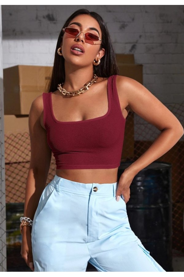 Kadın Bordo Kalın Askılı Crop Top Büstiyer