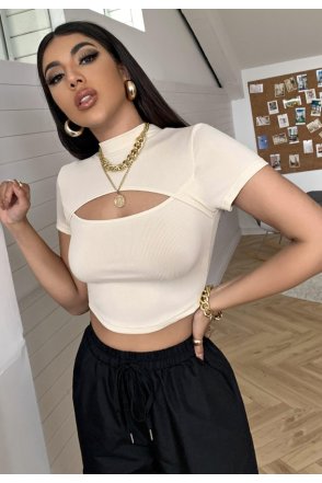 Kadın Ekru Göğüs Dekolteli Yarım Kollu Cut Out Crop Top Bluz