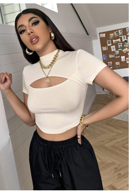 Kadın Ekru Göğüs Dekolteli Yarım Kollu Cut Out Crop Top Bluz