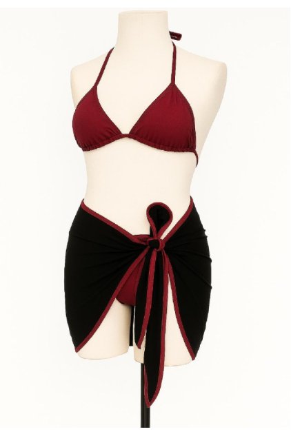 Kadın Bordo Siyah Pareolu Yandan ve Boyundan Bağlamalı 3'lü Bikini Takımı