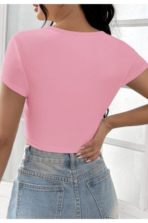Kadın Pembe Yarım Kol Düz Yaka Crop Top Bluz