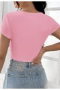 Kadın Pembe Yarım Kol Düz Yaka Crop Top Bluz