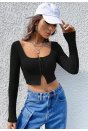 Kadın Siyah Uzun Kollu Agraflı Göğüs ve Göbek Dekolteli Crop Top Bluz