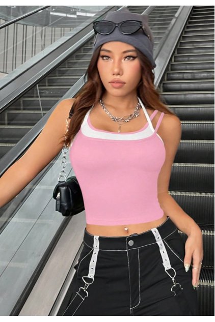 Kadın Pembe Beyaz Çift Renk Çapraz Askılı Crop Top Bluz