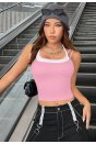 Kadın Pembe Beyaz Çift Renk Çapraz Askılı Crop Top Bluz