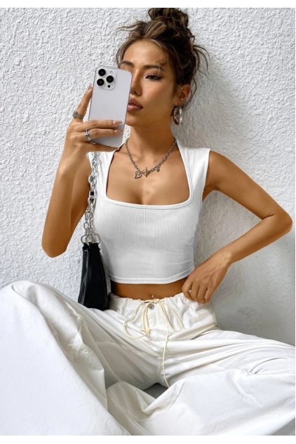 Kadın Beyaz Kare Yaka Kalınlaşan Omuz Detaylı Crop Top Bluz