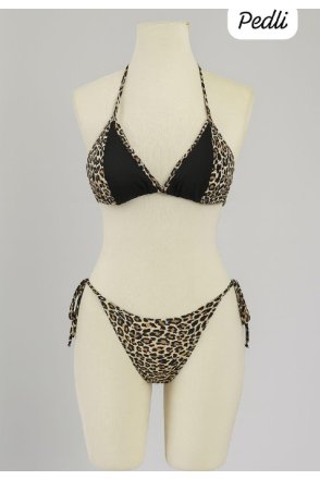 Kadın Siyah ve Leopar Detaylı Yandan Bağlamalı Bikini Takımı