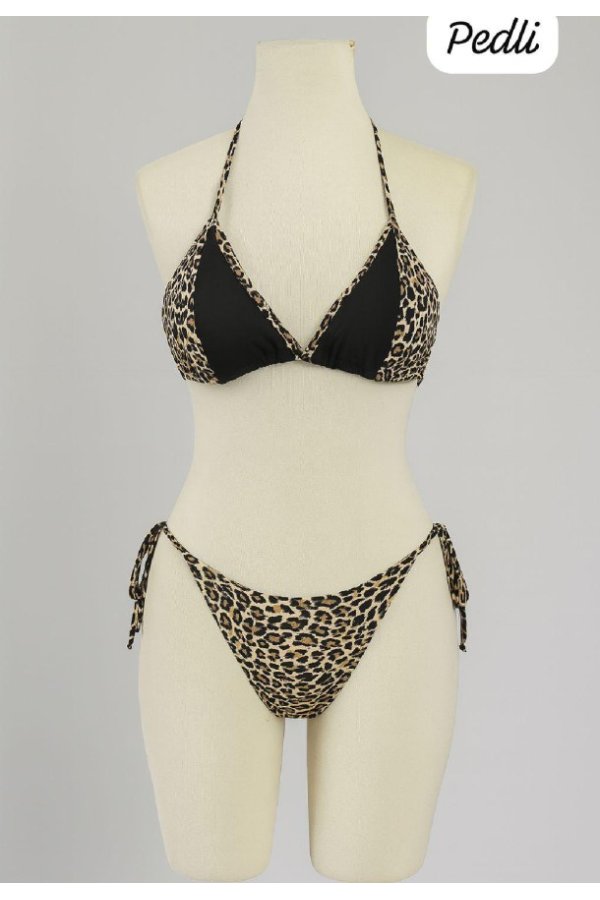 Kadın Siyah ve Leopar Detaylı Yandan Bağlamalı Bikini Takımı