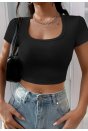 Kadın Siyah Yarım Kol Düz Yaka Crop Top Bluz