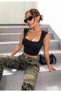 Kadın Siyah Kare Yaka Kalınlaşan Omuz Detaylı Crop Top Bluz
