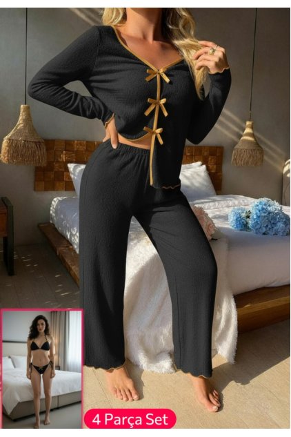 Kadın Siyah Fiyonklu İç Çamaşırı ve Uzun Kollu V Yaka Pijama Takımı 4'lü Set