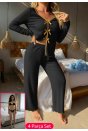 Kadın Siyah Fiyonklu İç Çamaşırı ve Uzun Kollu V Yaka Pijama Takımı 4'lü Set
